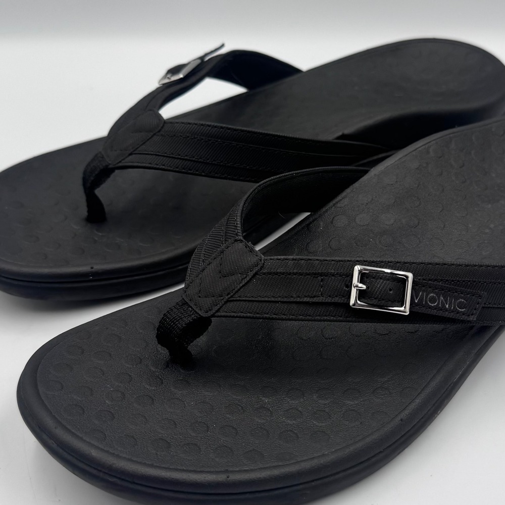 New Vionic Patty Black Orthotic Flip Flop Sandals Women 11 TVW5409 Buckle Strap